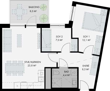 3-roms standard planløsning
